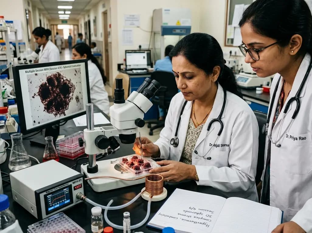 Multiple-Session Magnetic Fluid Hyperthermia Eradicates Complex Breast Tumor Spheroids